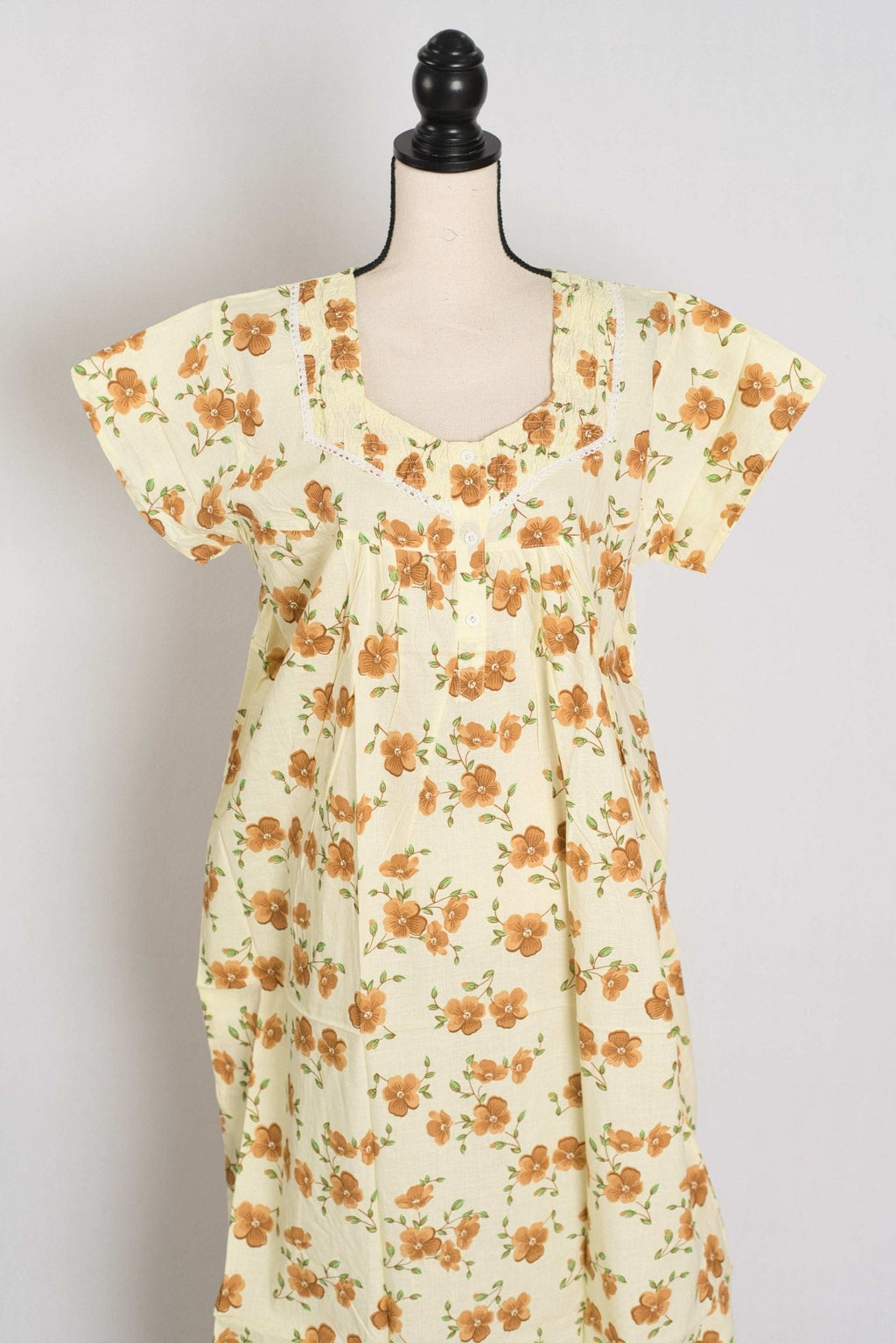 Floral Printed Pale Yellow Women Indian Cotton Nighty in Regular Size