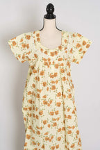 Floral Printed Pale Yellow Women Indian Cotton Nighty in Regular Size