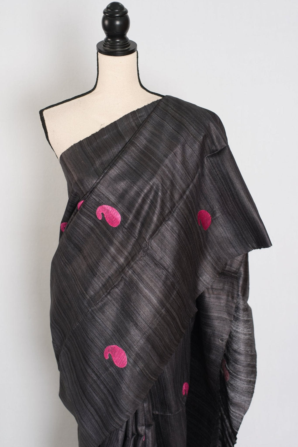 Gemini: Charcoal Black Gicha Tussar Silk Saree with Embroidery