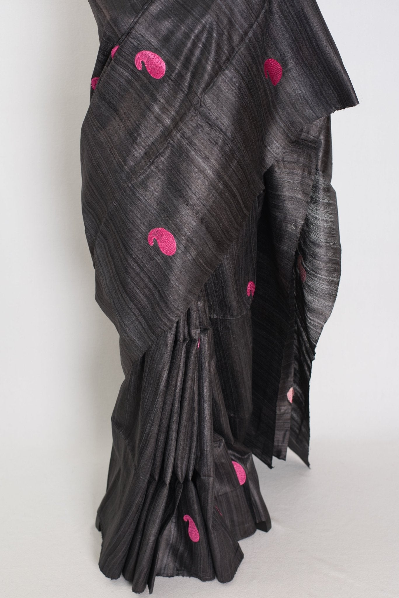 Gemini: Charcoal Black Gicha Tussar Silk Saree with Embroidery