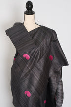 Gemini: Charcoal Black Gicha Tussar Silk Saree with Embroidery
