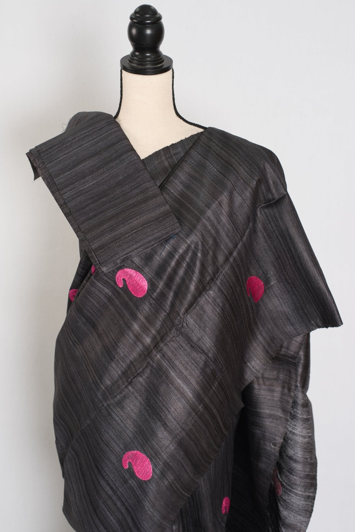 Gemini: Charcoal Black Gicha Tussar Silk Saree with Embroidery