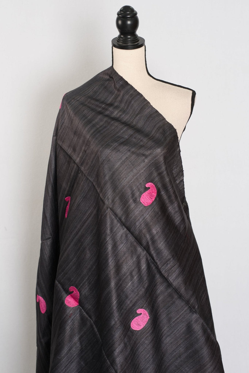 Gemini: Charcoal Black Gicha Tussar Silk Saree with Embroidery