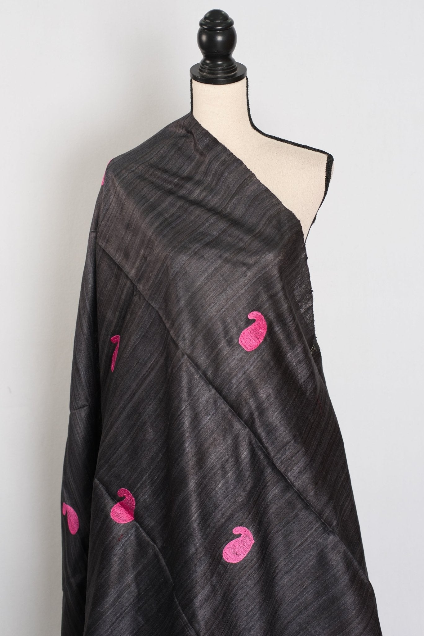 Gemini: Charcoal Black Gicha Tussar Silk Saree with Embroidery