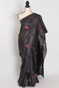Gemini: Charcoal Black Gicha Tussar Silk Saree with Embroidery