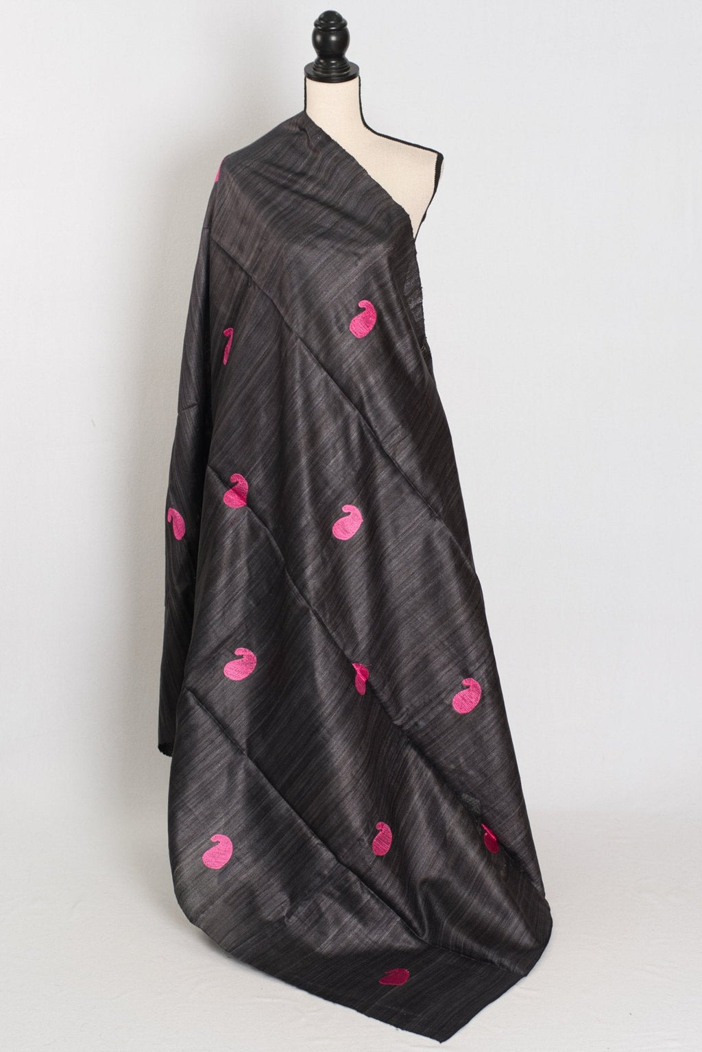 Gemini: Charcoal Black Gicha Tussar Silk Saree with Embroidery