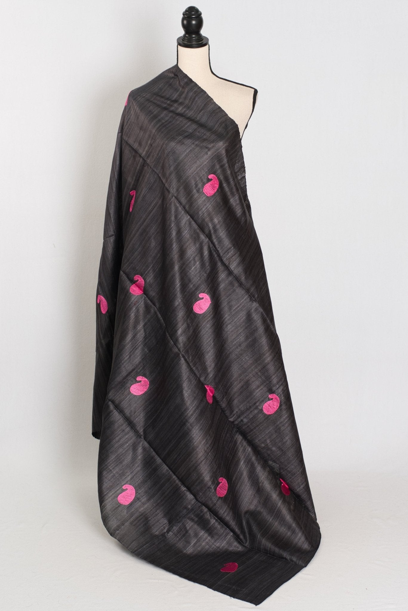 Gemini: Charcoal Black Gicha Tussar Silk Saree with Embroidery