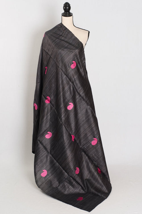 Gemini: Charcoal Black Gicha Tussar Silk Saree with Embroidery