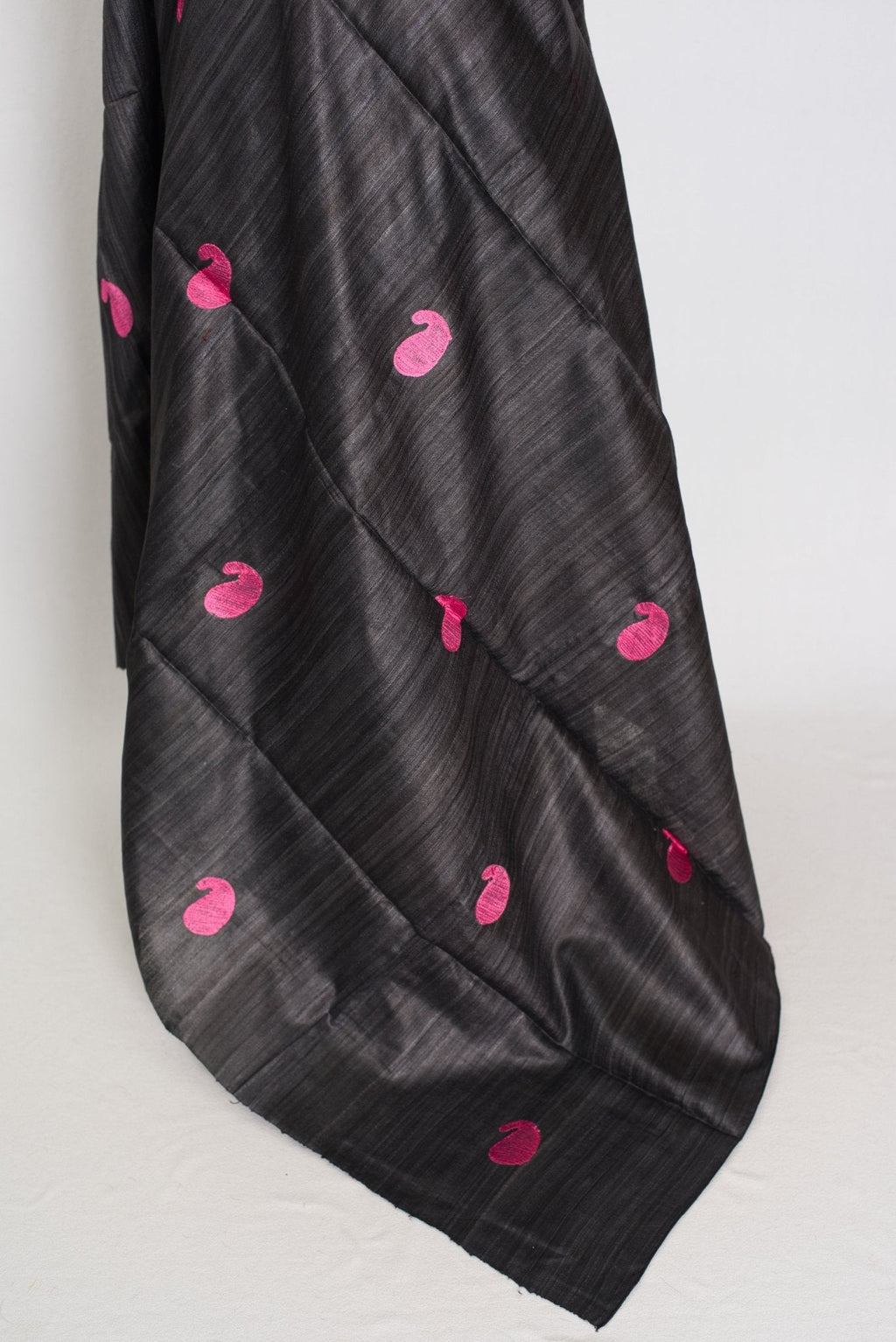 Gemini: Charcoal Black Gicha Tussar Silk Saree with Embroidery