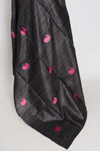 Gemini: Charcoal Black Gicha Tussar Silk Saree with Embroidery