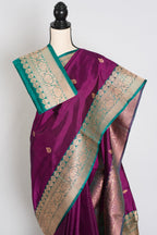 Giri : Silk Mark Certified Banarasi Saree in Eggplant Purple and Green