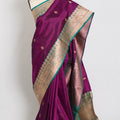 Giri : Silk Mark Certified Banarasi Saree in Eggplant Purple and Green