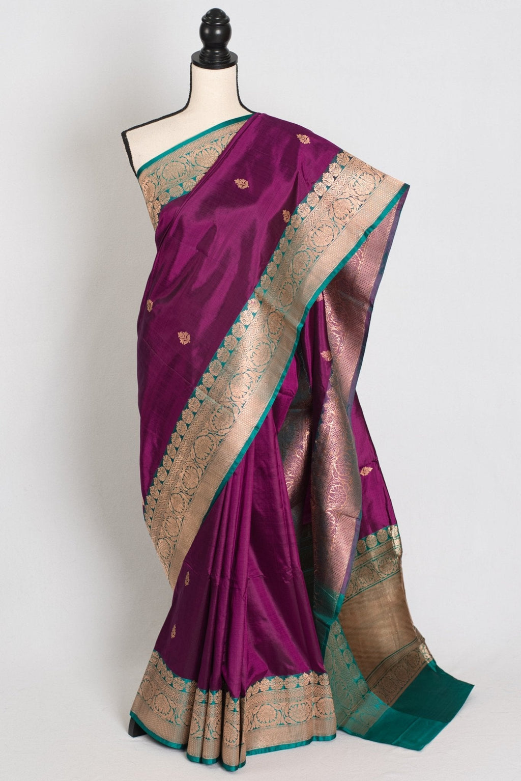 Giri : Silk Mark Certified Banarasi Saree in Eggplant Purple and Green