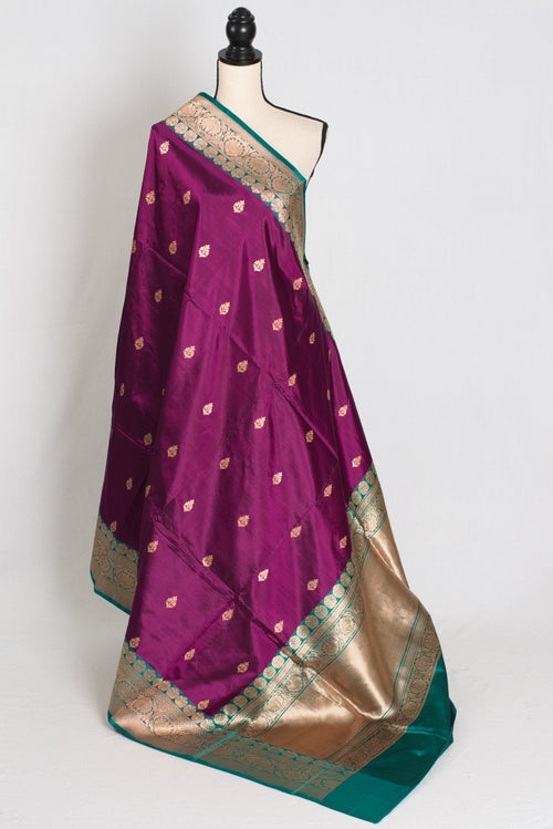 Giri : Silk Mark Certified Banarasi Saree in Eggplant Purple and Green