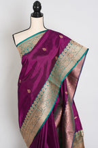 Giri : Silk Mark Certified Banarasi Saree in Eggplant Purple and Green
