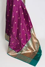 Giri : Silk Mark Certified Banarasi Saree in Eggplant Purple and Green