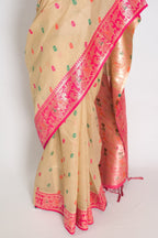 Gita: Beige & Pink Blended Cotton Baluchari Saree | Traditional Bengali Design