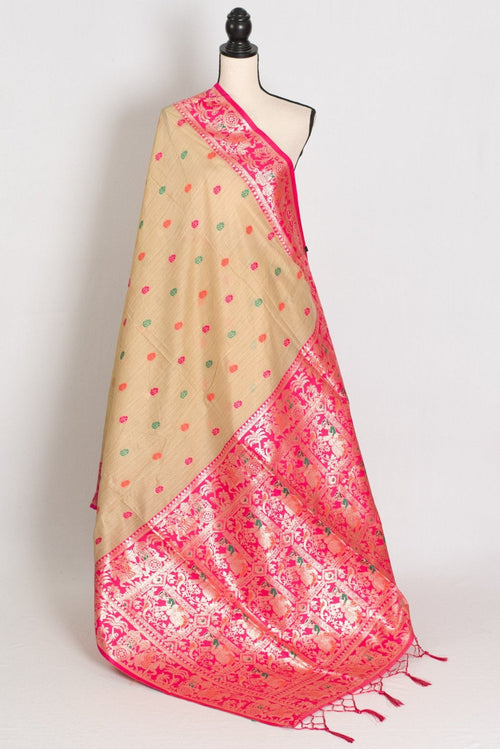 Gita: Beige & Pink Blended Cotton Baluchari Saree | Traditional Bengali Design