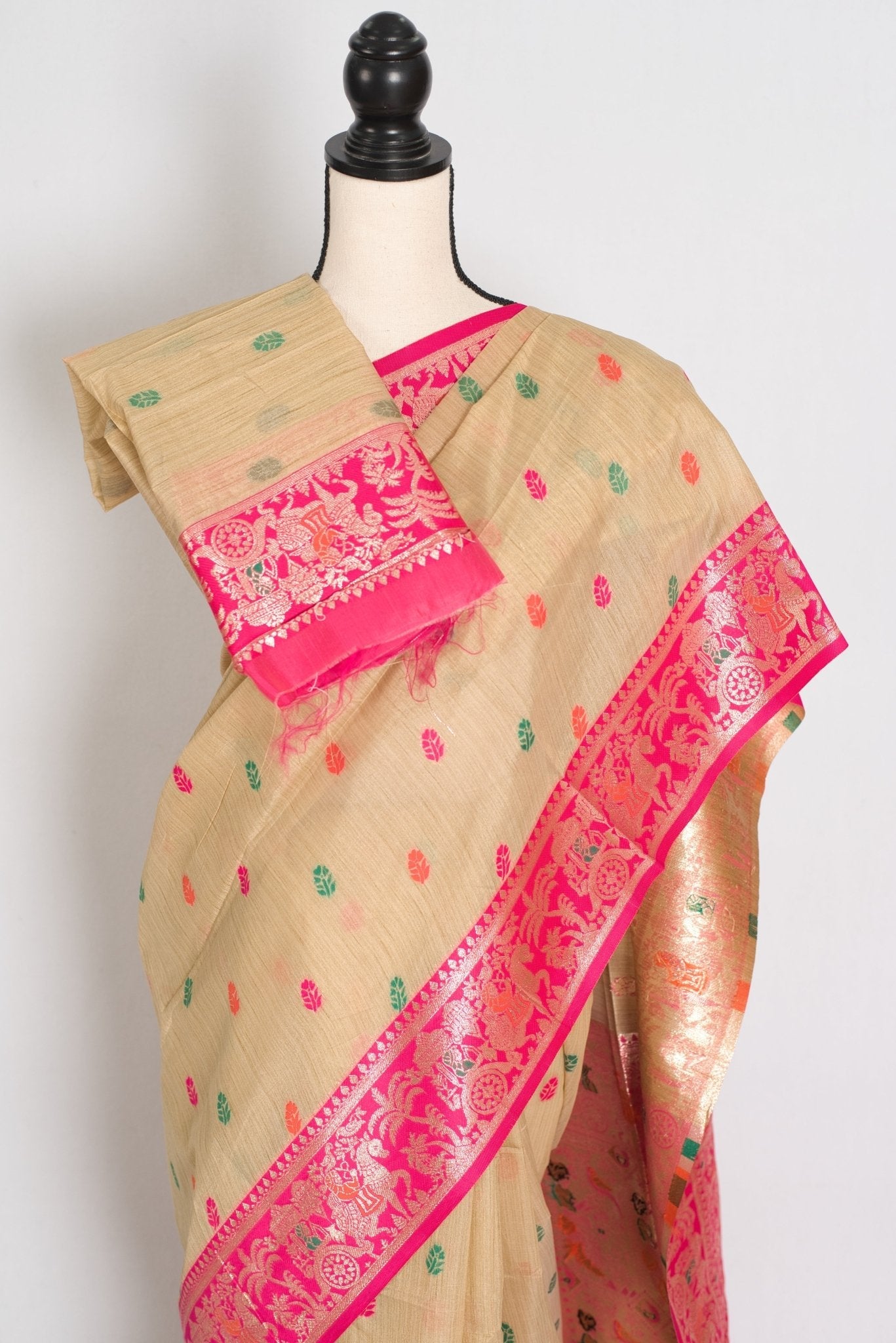 Gita: Beige & Pink Blended Cotton Baluchari Saree | Traditional Bengali Design
