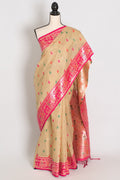 Gita: Beige & Pink Blended Cotton Baluchari Saree | Traditional Bengali Design