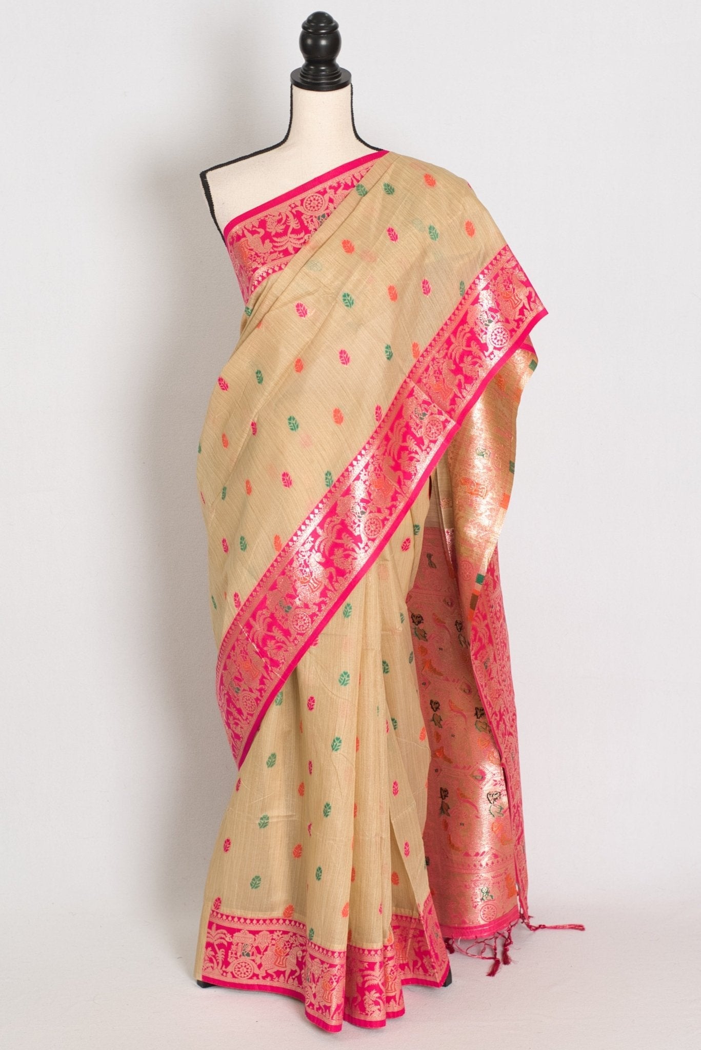 Gita: Beige & Pink Blended Cotton Baluchari Saree | Traditional Bengali Design