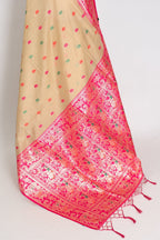 Gita: Beige & Pink Blended Cotton Baluchari Saree | Traditional Bengali Design
