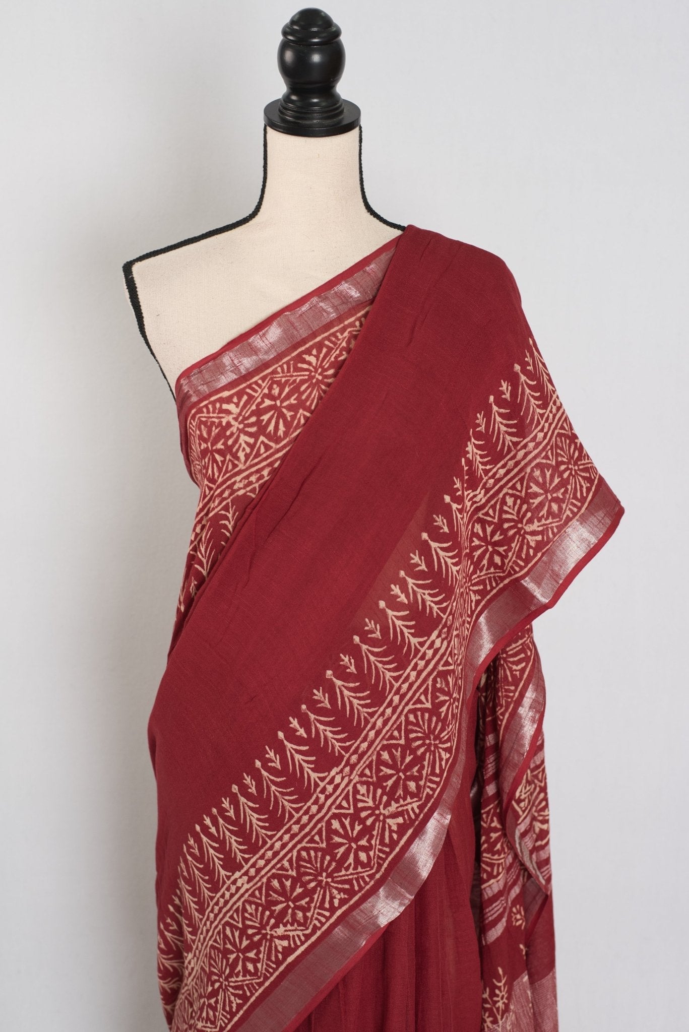 Gitanjali: Rust Brown Hand Block Printed Saree | Soft Linen Cotton