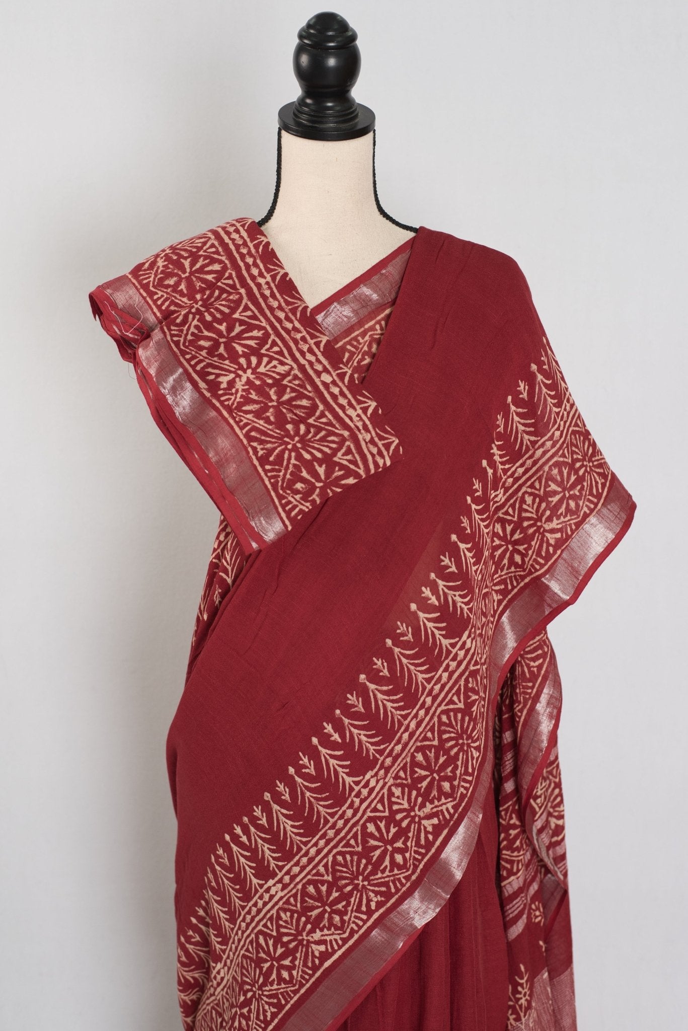 Gitanjali: Rust Brown Hand Block Printed Saree | Soft Linen Cotton