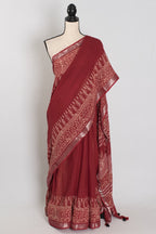 Gitanjali: Rust Brown Hand Block Printed Saree | Soft Linen Cotton