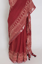 Gitanjali: Rust Brown Hand Block Printed Saree | Soft Linen Cotton