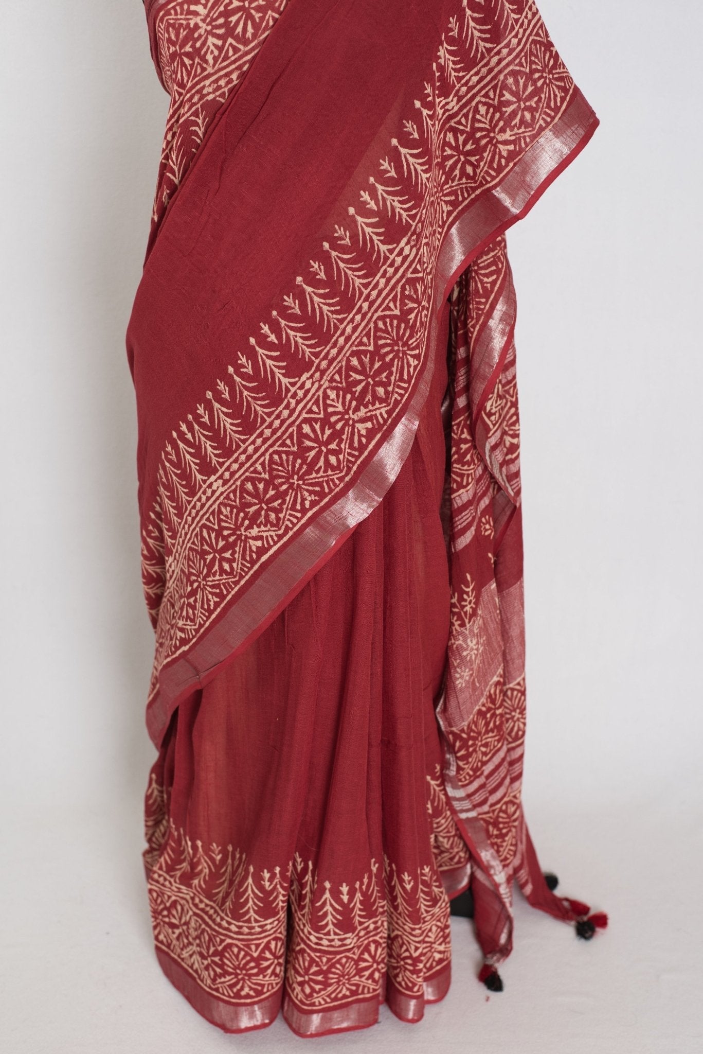 Gitanjali: Rust Brown Hand Block Printed Saree | Soft Linen Cotton