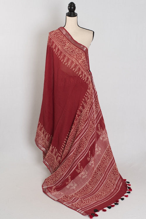 Gitanjali: Rust Brown Hand Block Printed Saree | Soft Linen Cotton
