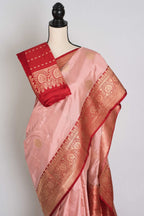 Gouri : Certified Katan Silk Banarasi Saree in Dusty Pink and Red