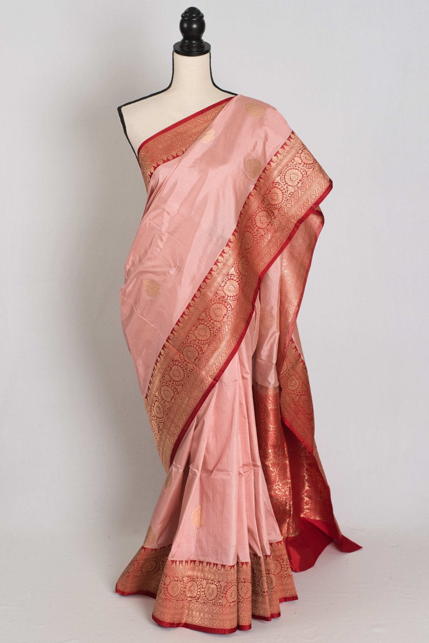 Gouri : Certified Katan Silk Banarasi Saree in Dusty Pink and Red