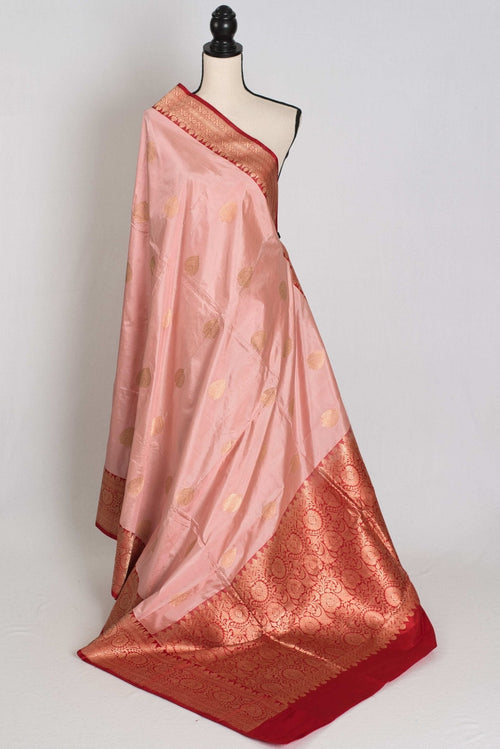 Gouri : Certified Katan Silk Banarasi Saree in Dusty Pink and Red