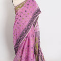 Hema : Purple Blended Soft Cotton Jamdani Bengali Saree with Ganga Jamuna Border