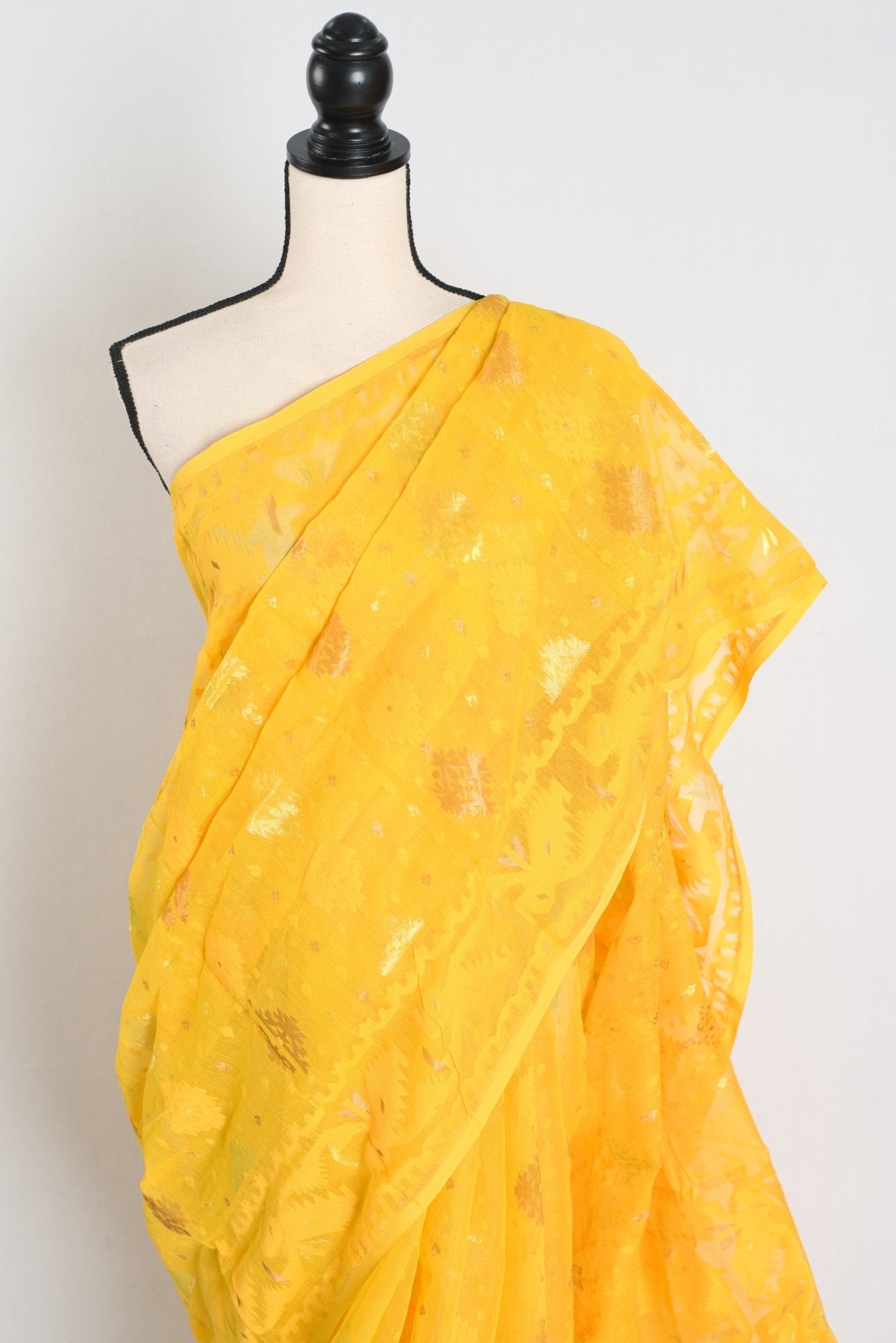 Hriti : Bright Yellow Blended Soft Cotton Jamdani Bengali Saree