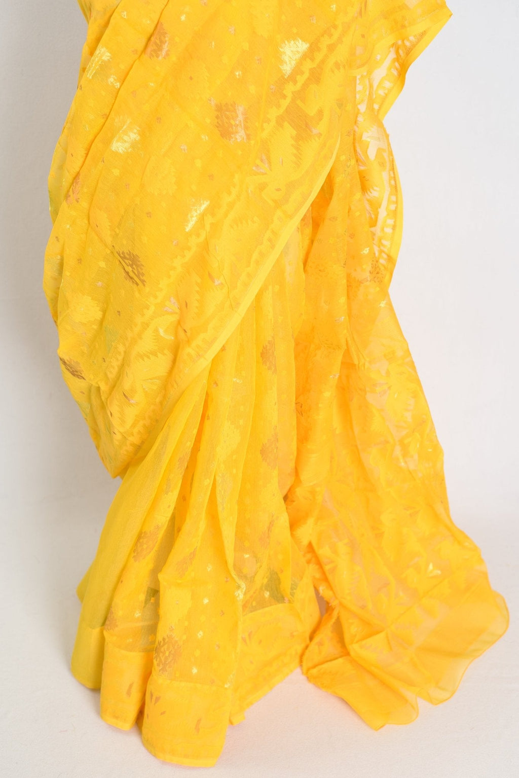 Hriti : Bright Yellow Blended Soft Cotton Jamdani Bengali Saree