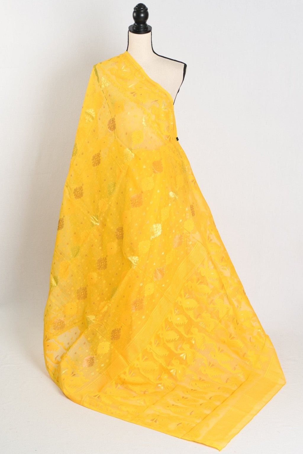 Hriti : Bright Yellow Blended Soft Cotton Jamdani Bengali Saree