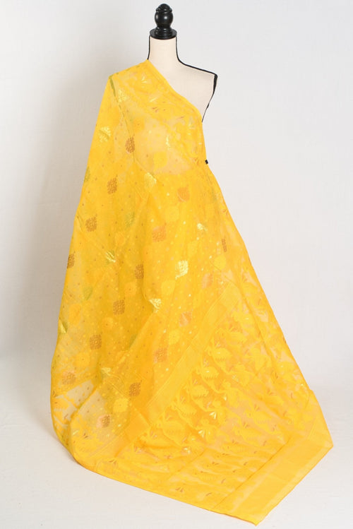 Hriti : Bright Yellow Blended Soft Cotton Jamdani Bengali Saree