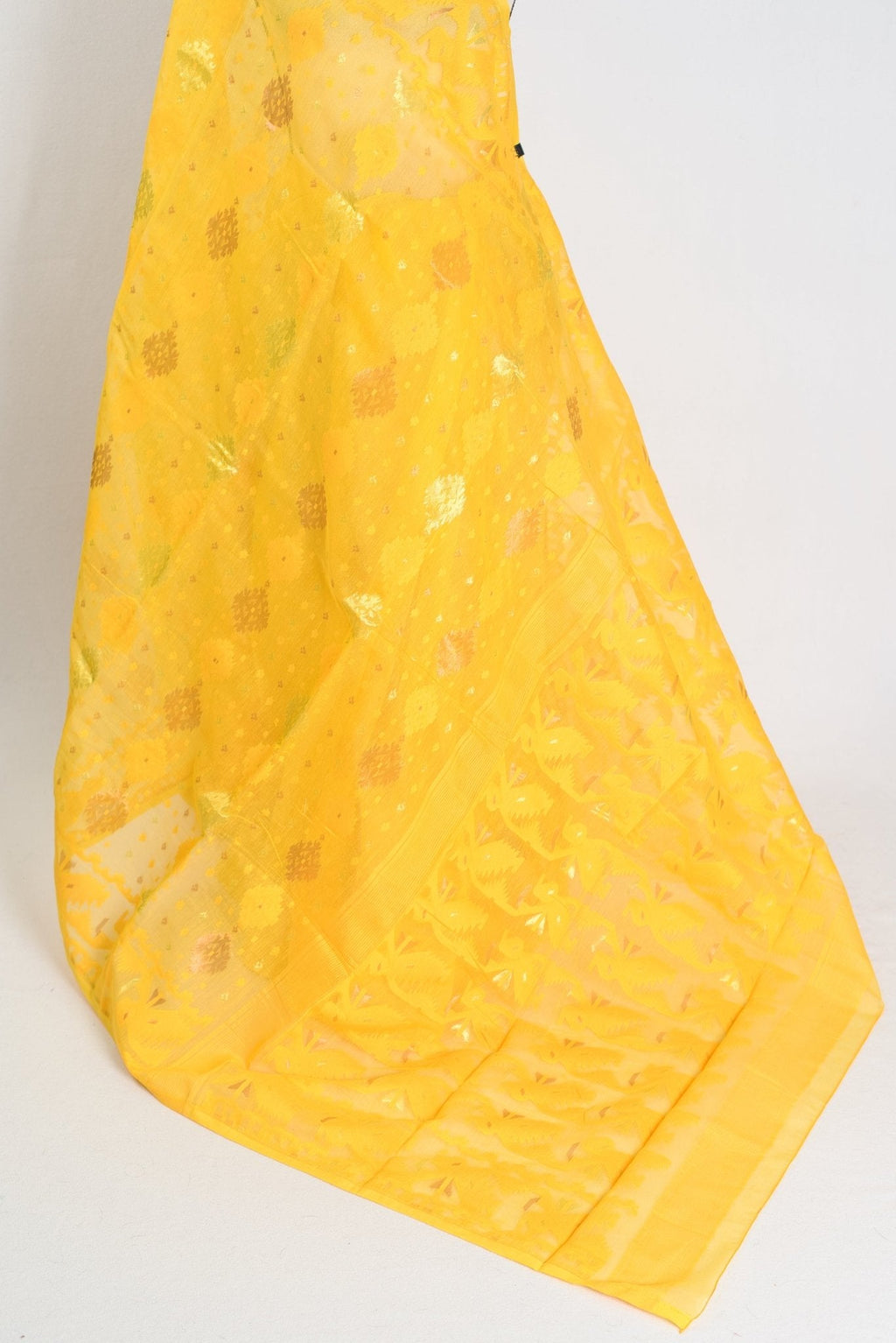Hriti : Bright Yellow Blended Soft Cotton Jamdani Bengali Saree