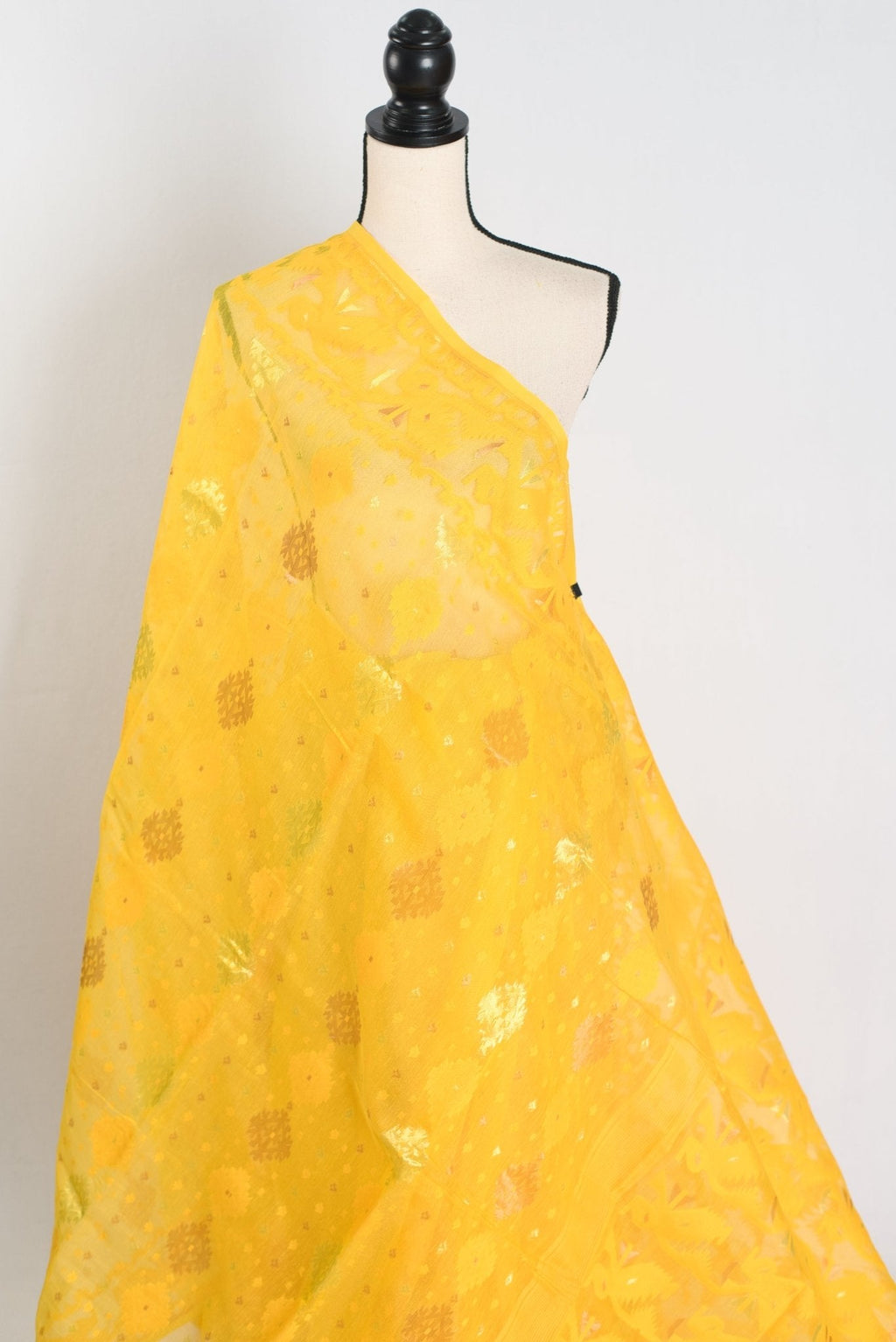 Hriti : Bright Yellow Blended Soft Cotton Jamdani Bengali Saree