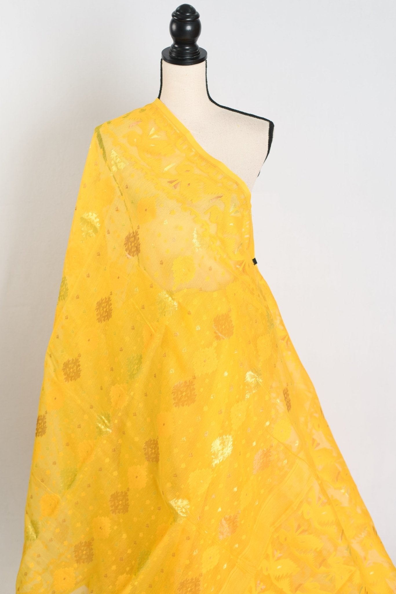 Hriti : Bright Yellow Blended Soft Cotton Jamdani Bengali Saree