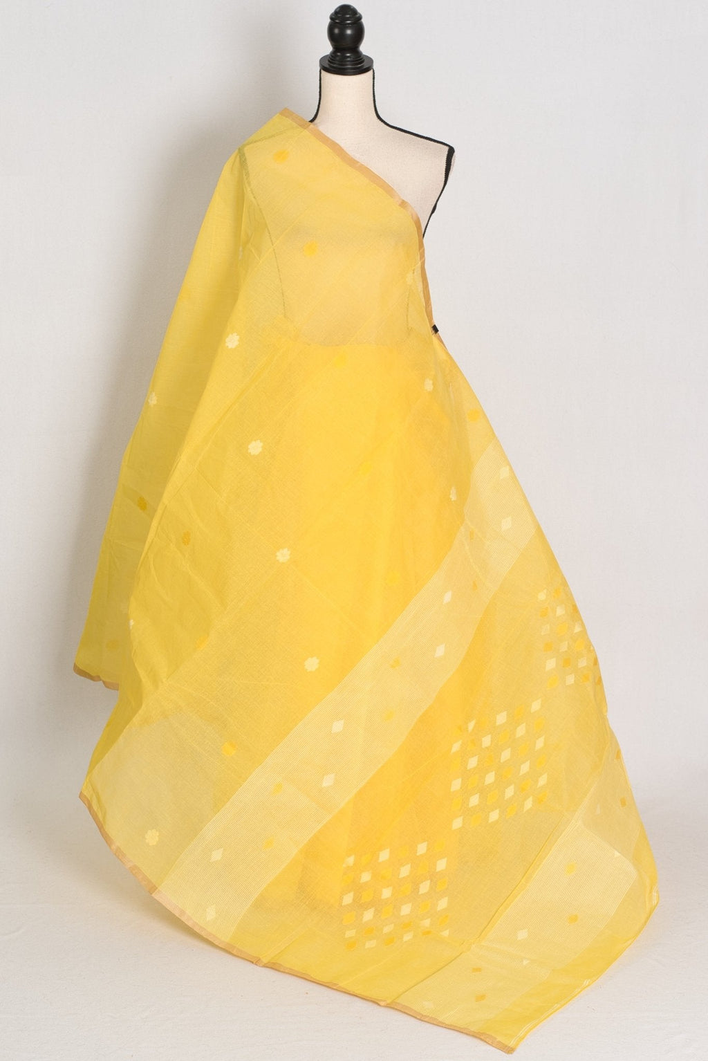Ira: Pure Cotton Bengal Handloom Jamdani Saree in Yellow | Bengali Tant