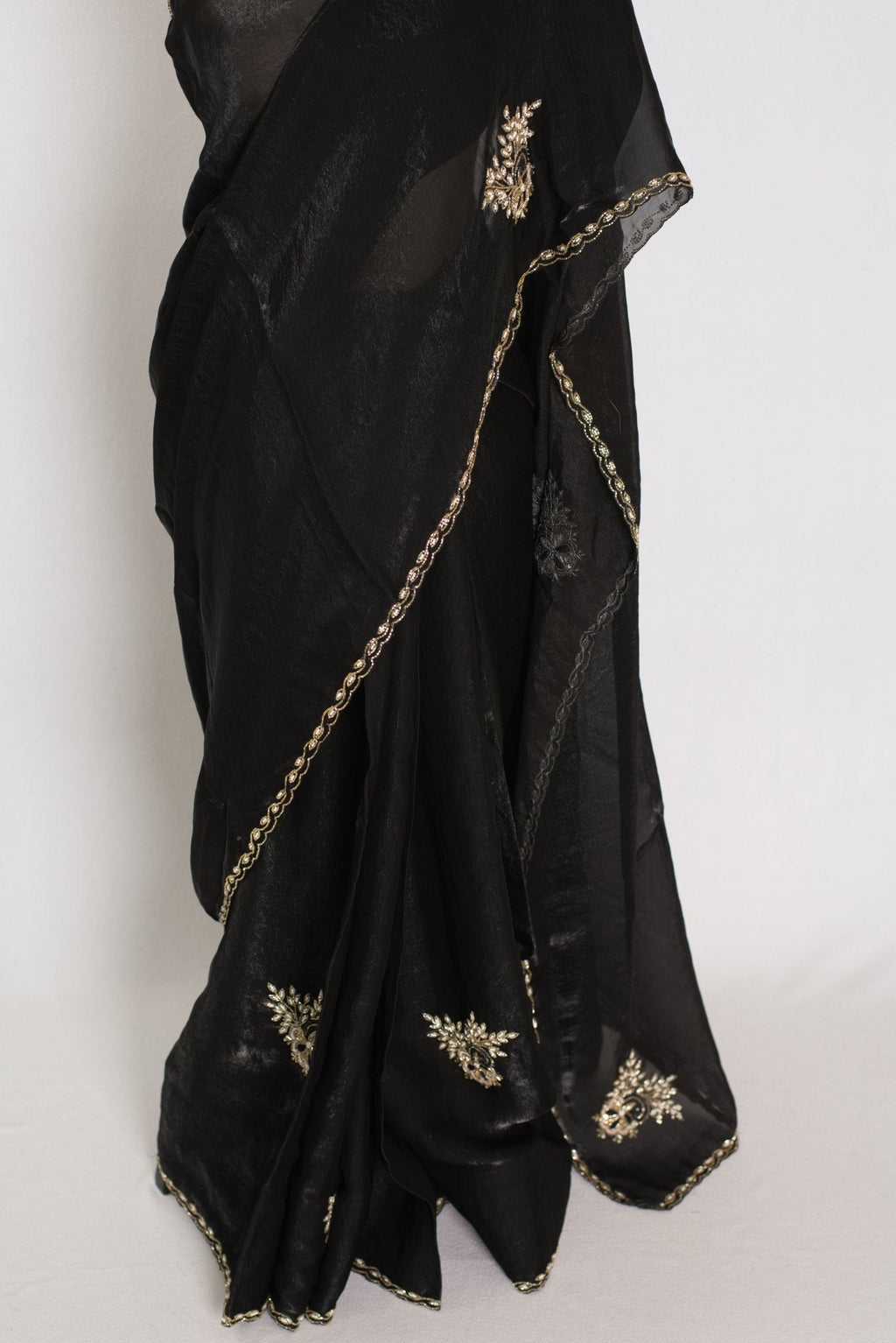 Kajal: Black & Gold Glass Tissue Cut Dana Embroidery Saree