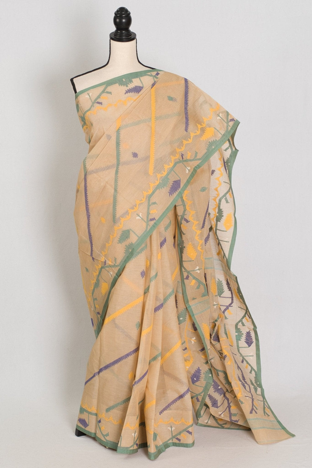 Kala: Beige Bengal Handloom Cotton Jamdani Saree with Multi-Color Work
