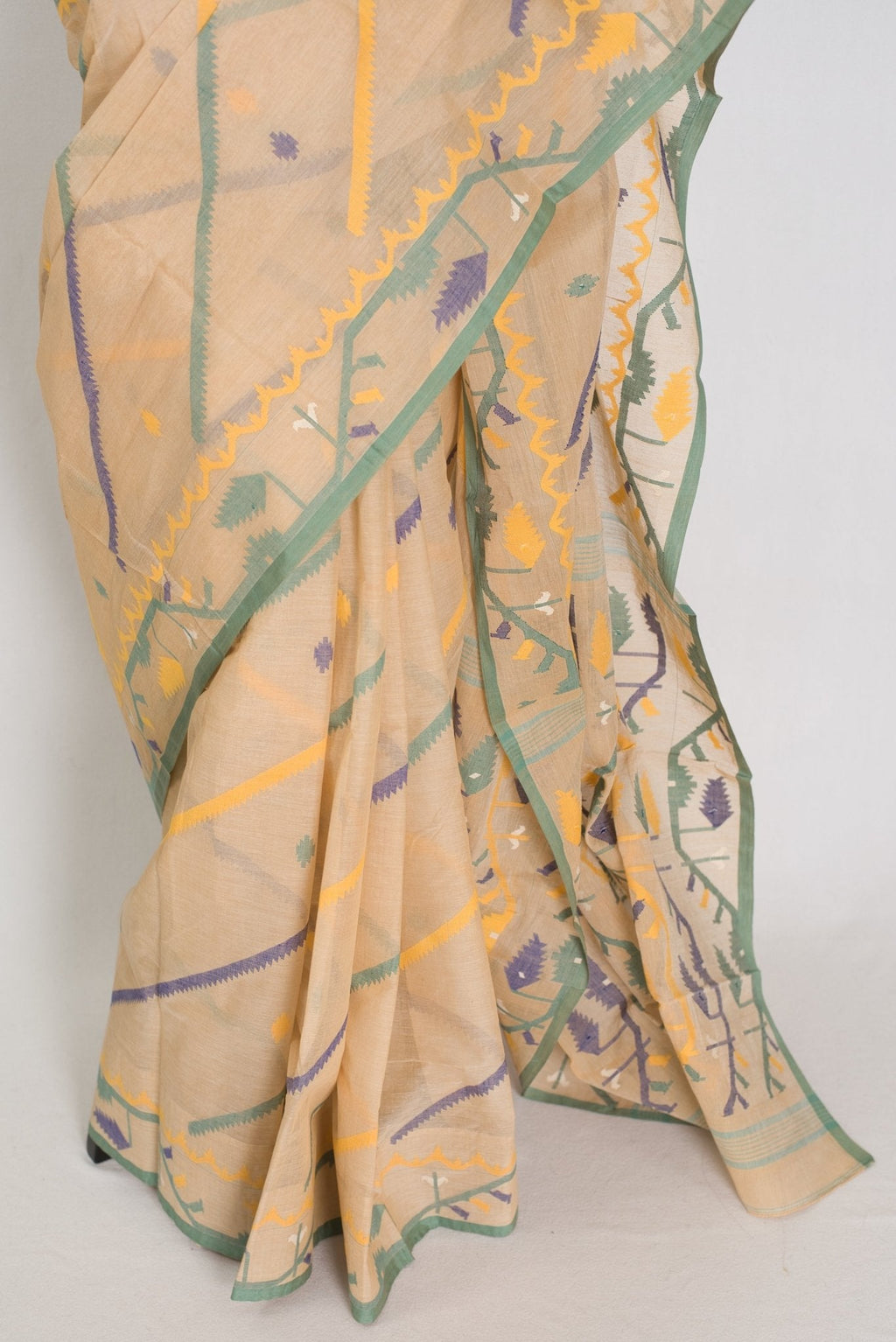 Kala: Beige Bengal Handloom Cotton Jamdani Saree with Multi-Color Work