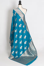 Kalyani : Turquoise Blue Semi Crepe Banarasi Saree with Silver Zari