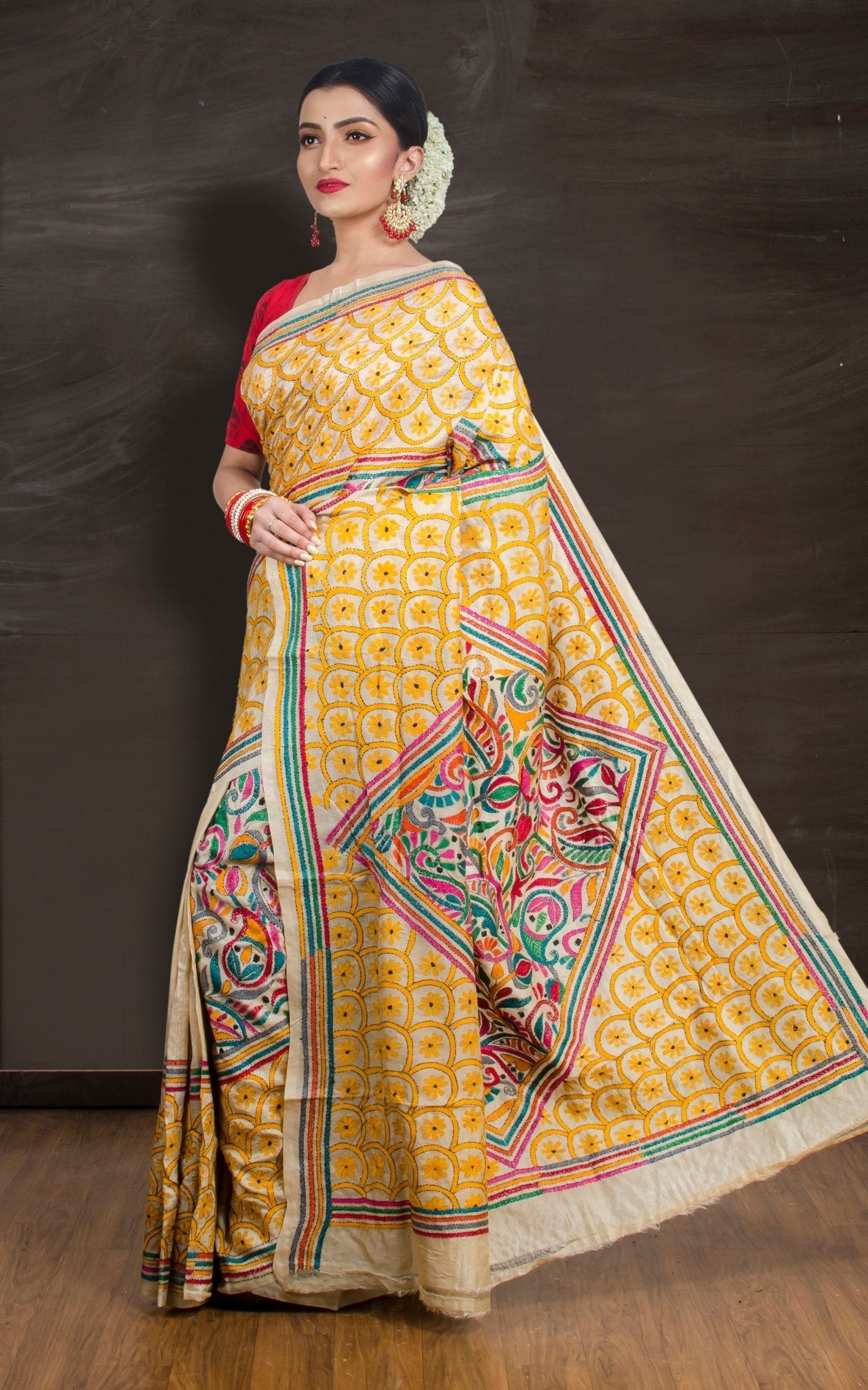 Katha : Silk Mark Pure Tussar Silk Kantha Stitch Saree | Hand Embroidered