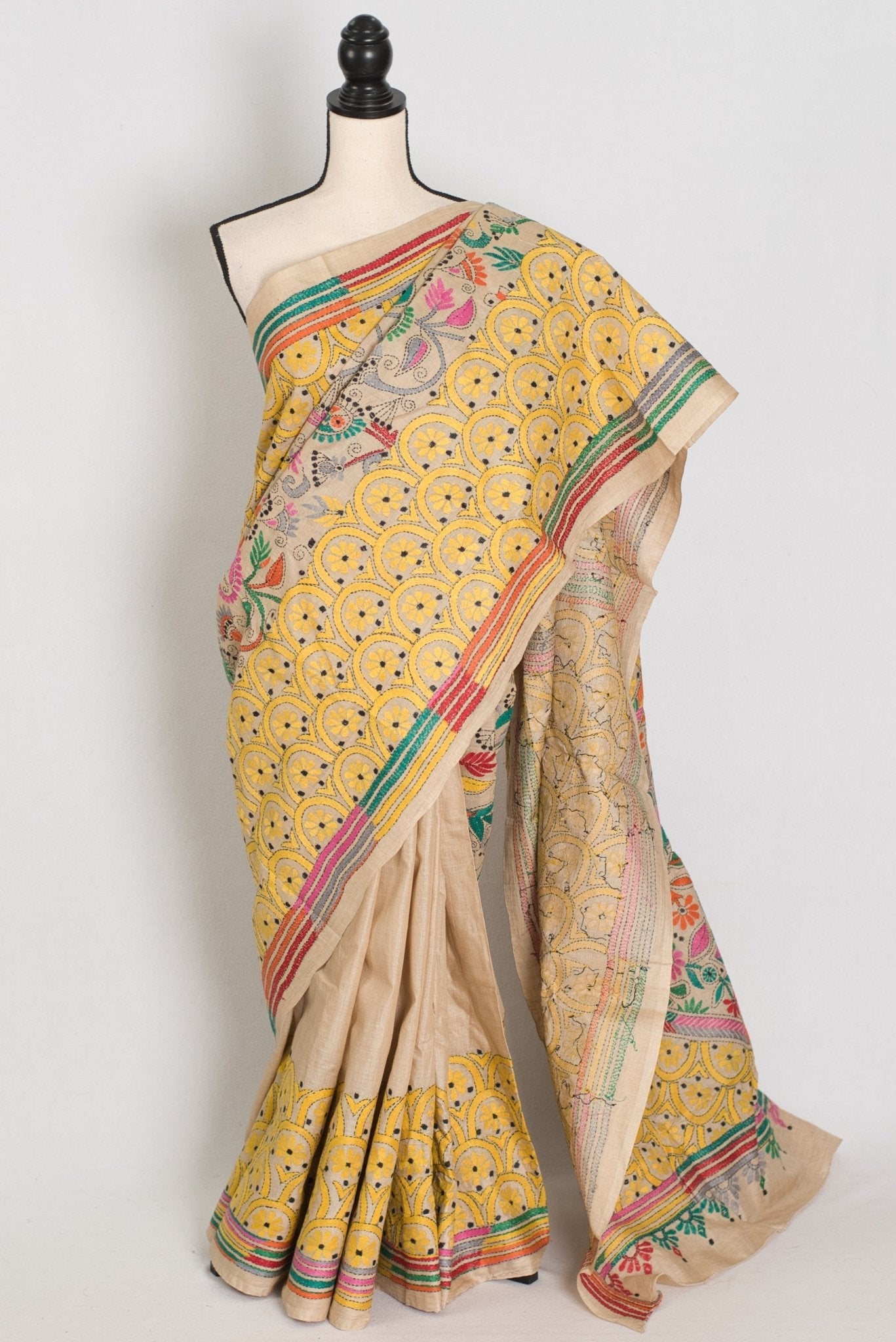 Katha : Silk Mark Pure Tussar Silk Kantha Stitch Saree | Hand Embroidered